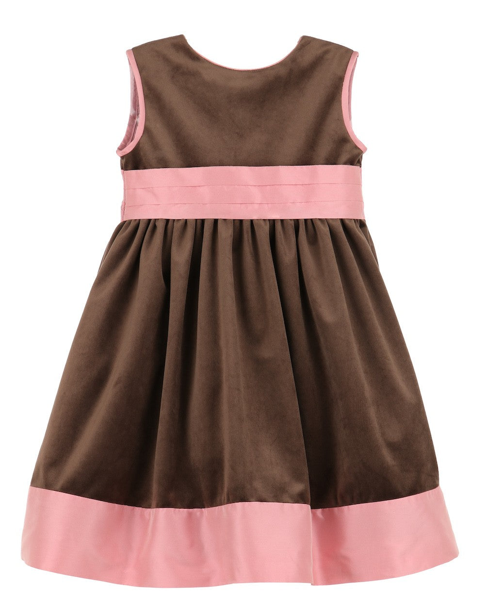 Luli & Me Girls Sleeveless Velvet Dress - Cocoa Brown - Pink Trim & Sash