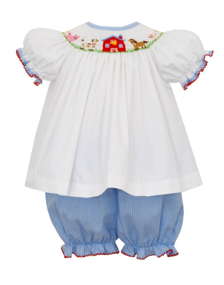 Petit Bebe Baby Girls Blue Check Bloomers Set - Smocked Farm Scene by Petit Bebe
