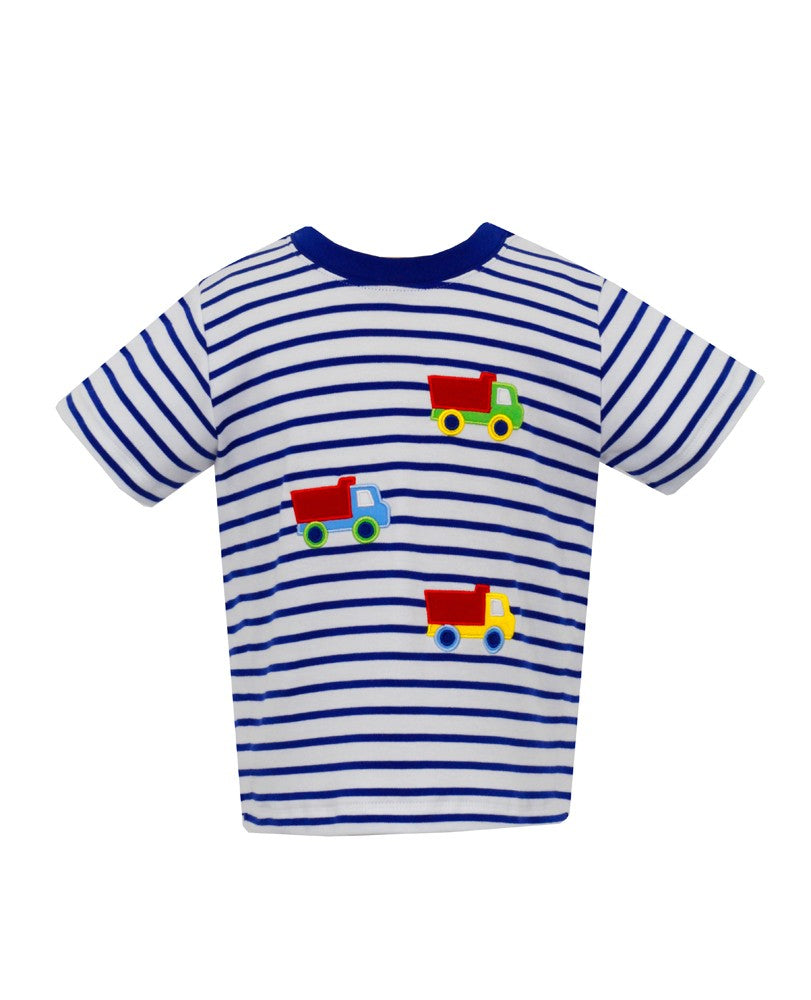 Claire & Charlie Boys Royal Blue Striped Shirt - Applique Dump Trucks by Claire & Charlie