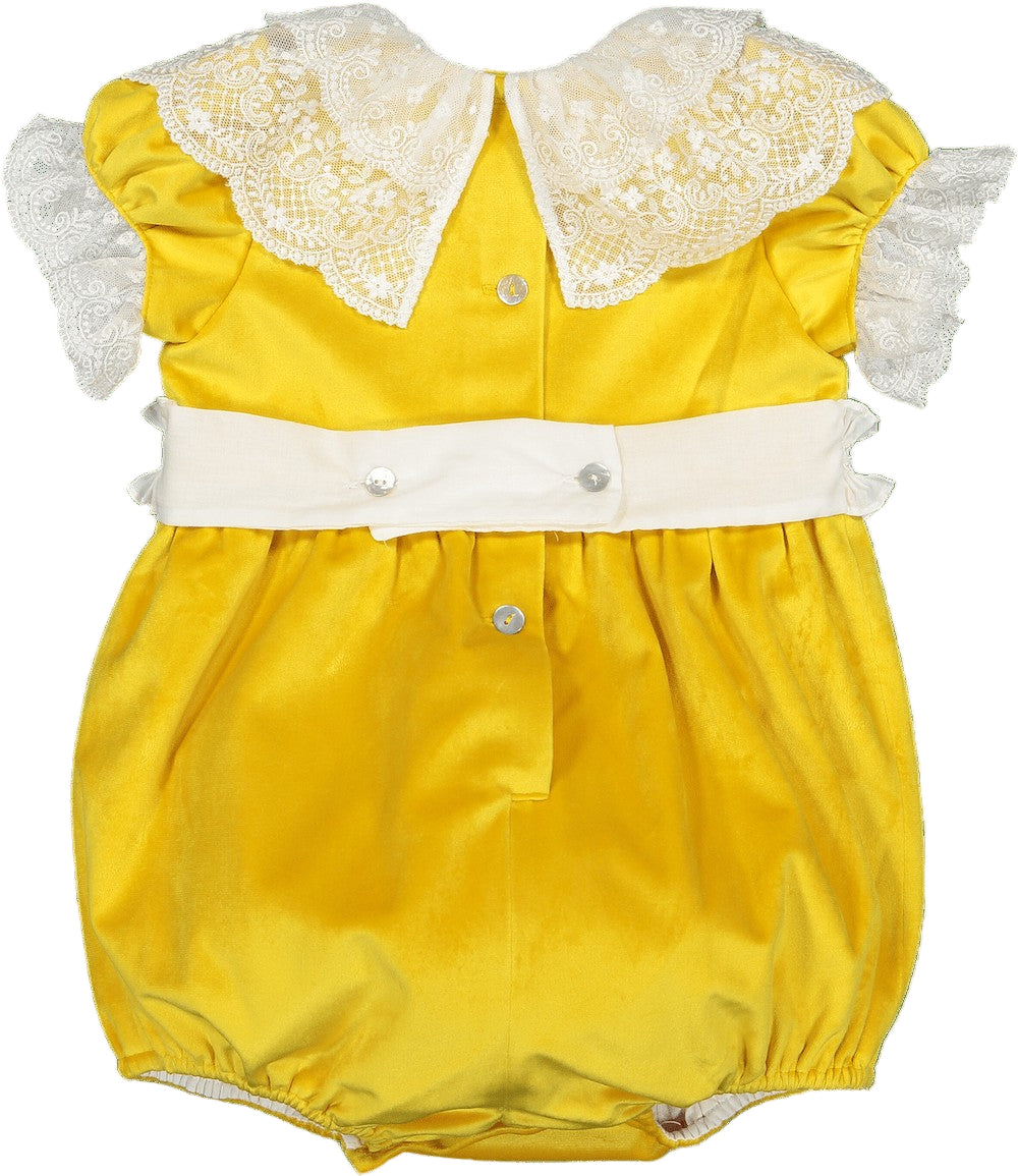 Sal & Pimenta Girls Velvet Holiday Bubble - Golden Velvet with Smocked Bows by Sal & Pimenta
