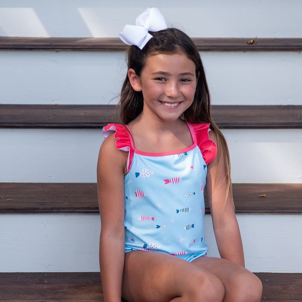 James & Lottie Girls Frances One Piece Bathing Suit - Blue Fish