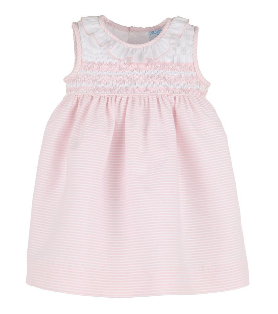 Luli & Me Girls Pink Stripe Sleeveless Smocked Dress - Ruffle Neck
