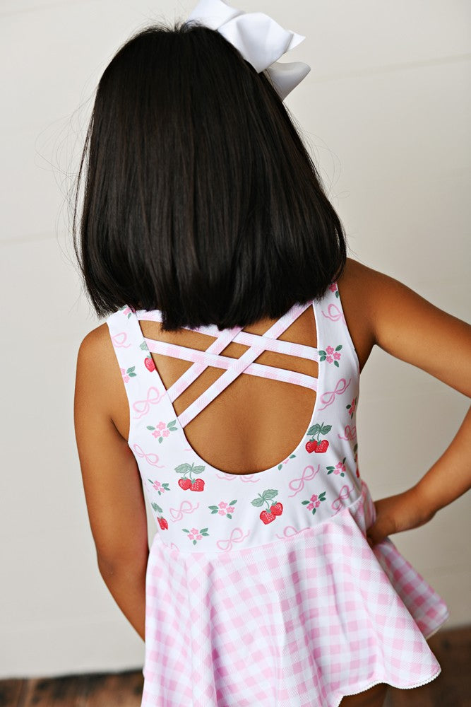 Swoon Baby Girls Pink Check Strawberry & Bows Skirted One Piece Swimsuit by Swoon Baby