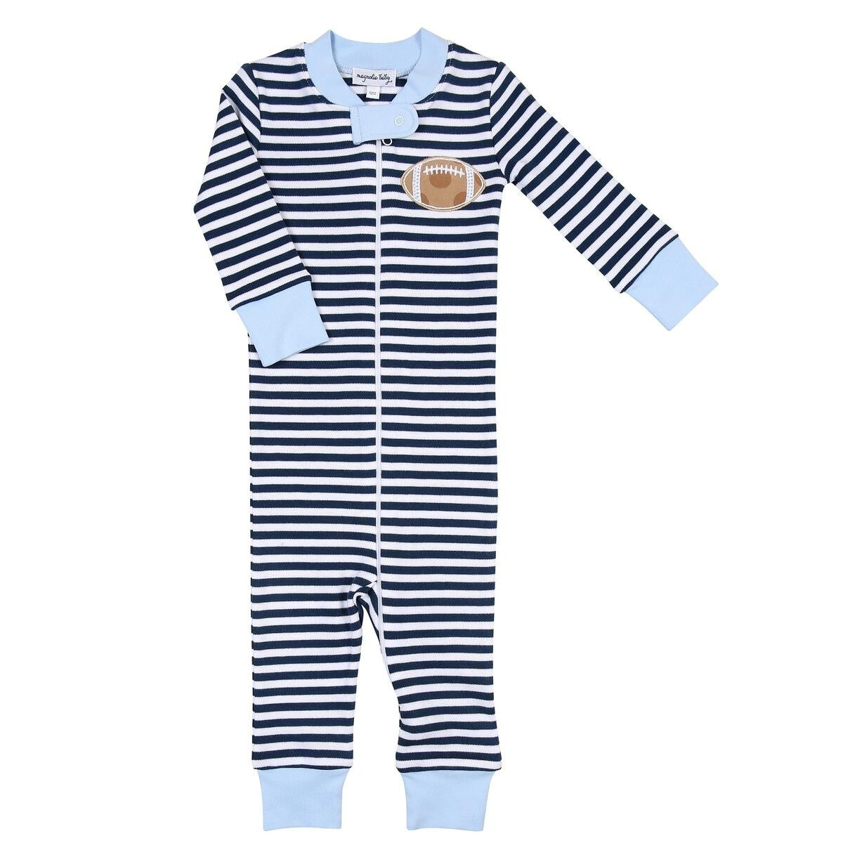 Magnolia Baby Boys Navy Blue Football Stripes Zipped Pajamas