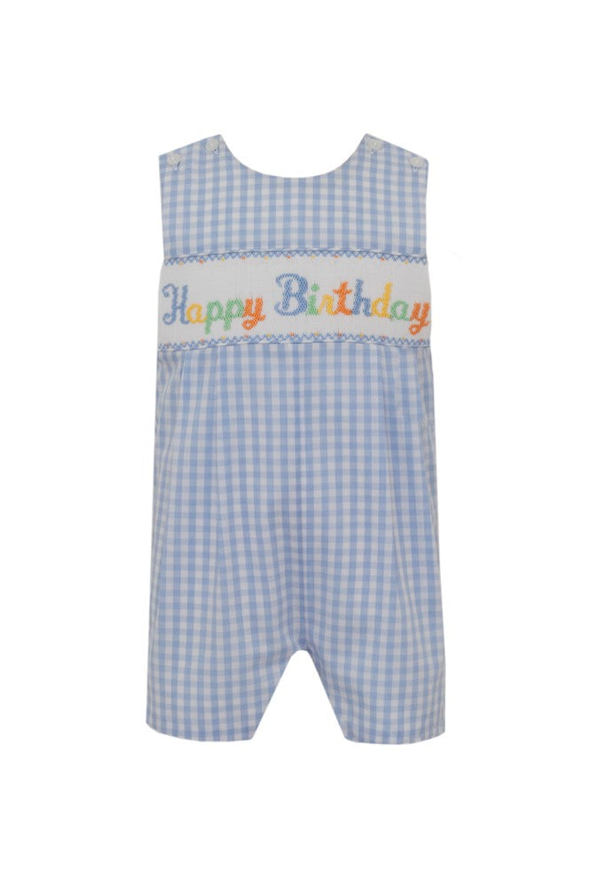 Anavini Baby Boys Blue Gingham Smocked Happy Birthday Jon Jon