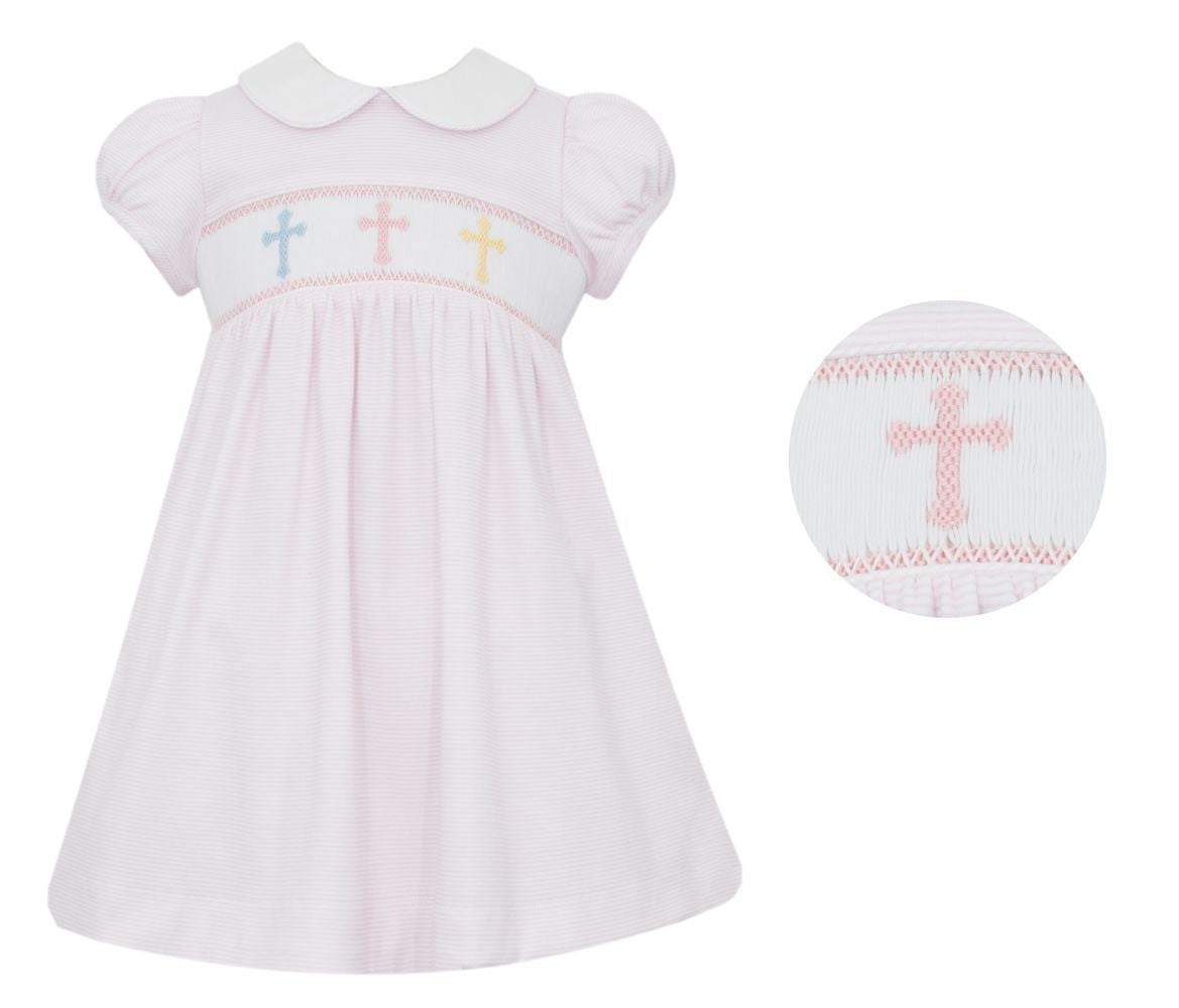 Petit Bebe Knits Girls Pink Striped Smocked Crosses Dress with Collar