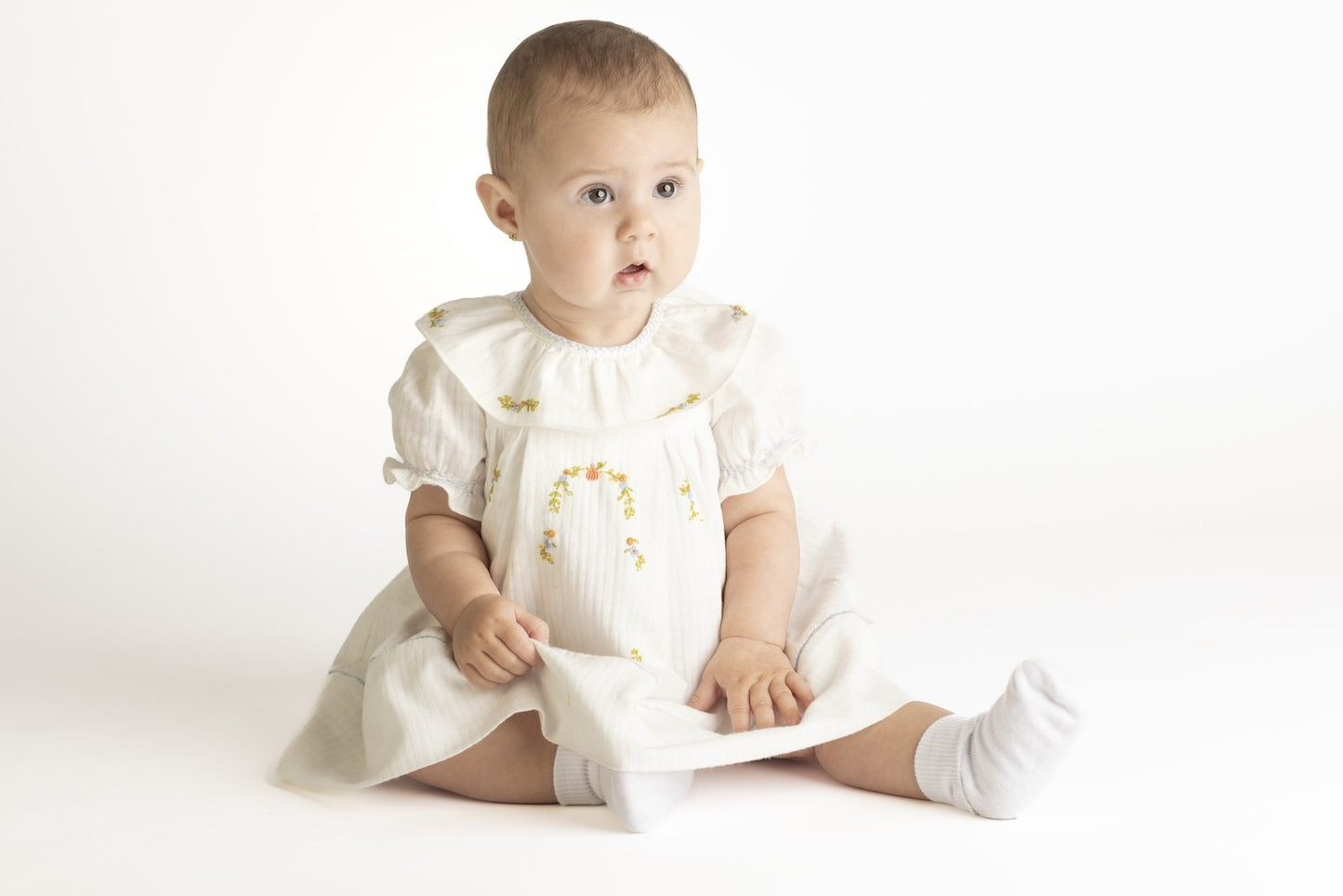 Sophie & Lucas Girls Pumpkin Embroidery Ruffle Dress - White with Blue