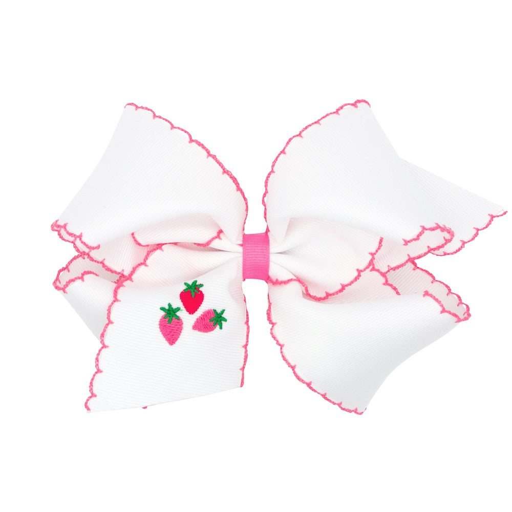 Wee Ones Girls Hair Bow on Clip - White with Pink Moonstitch - Tiny Strawberry Trio