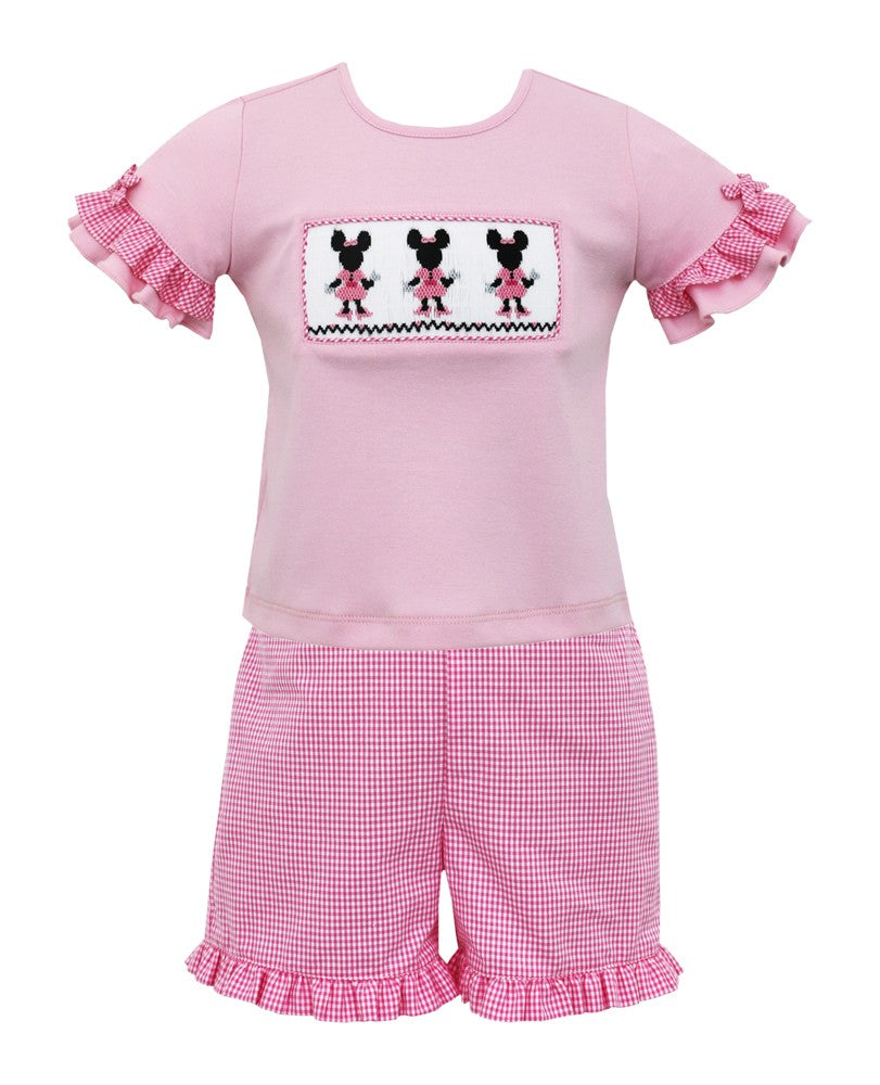 Anavini Girls Pink Smocked Minnie Mouse Top with Pink Check Shorts