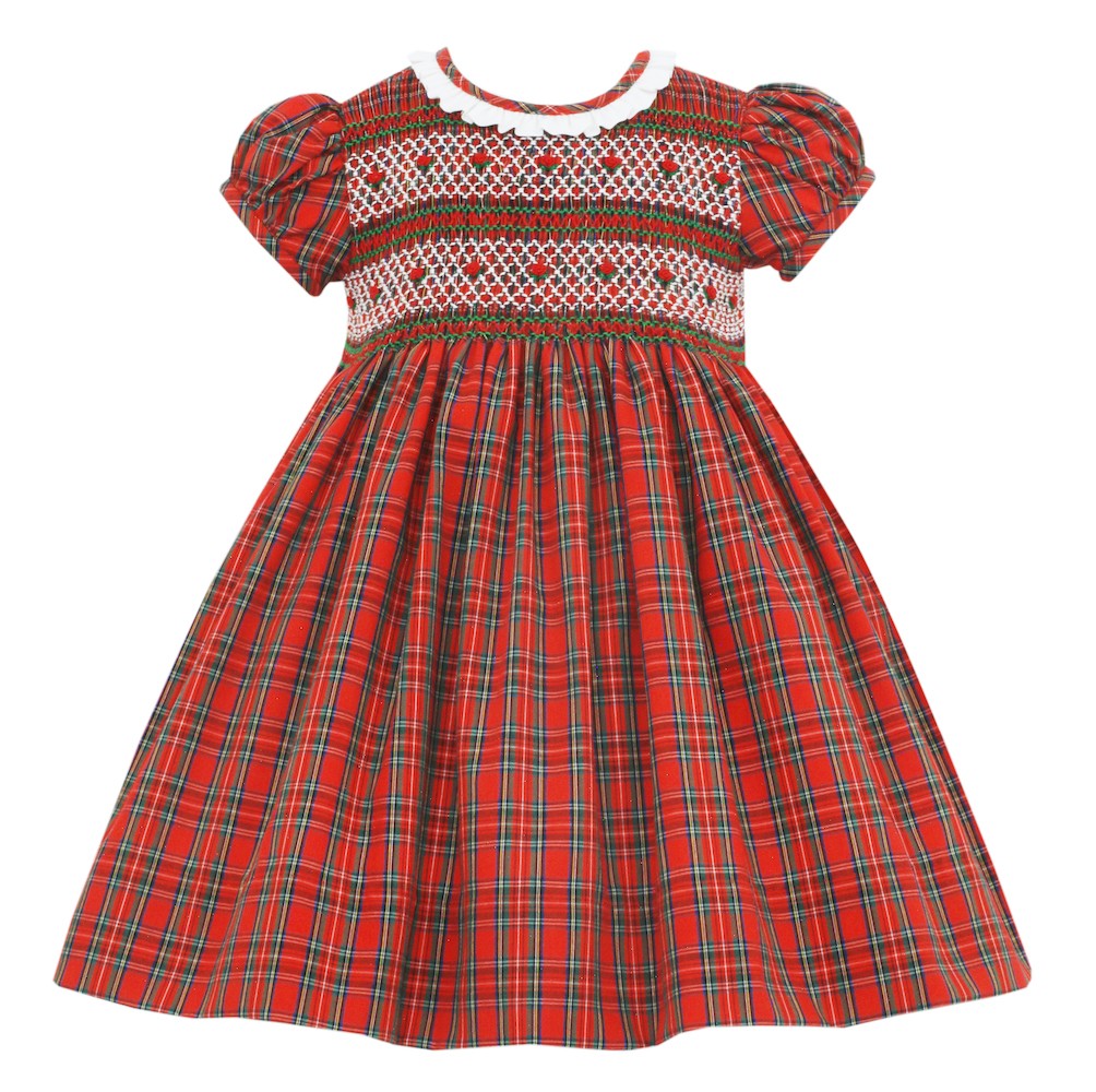 Anavini Couture Girls Red Holiday Plaid Smocked Dress - White Ruffle Collar