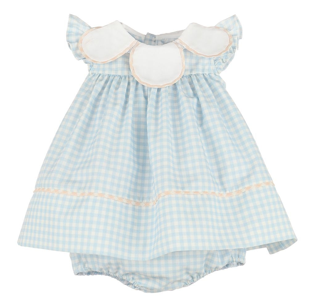 Sophie & Lucas Girls Classic Petal Collar Float Dress - Peach Bow on Back - Blue Gingham