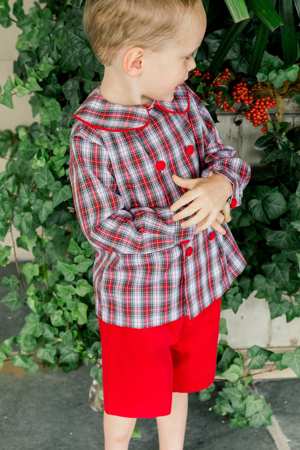 Bailey Boys Dressy Shorts Set - Red Corduroy & Winter Holiday Plaid