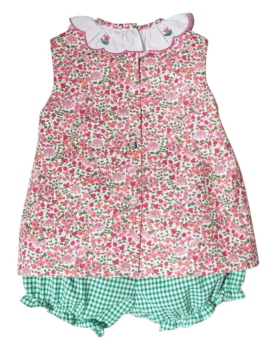 Marco & Lizzy Girls Pink Floral Top with Green Check Bloomers by Marco & Lizzy