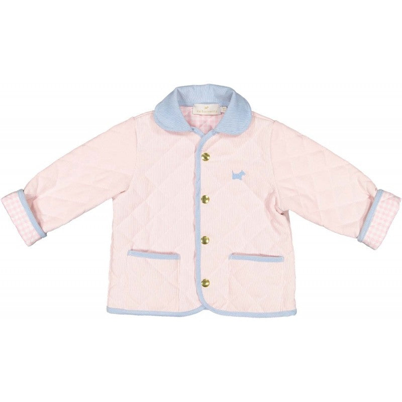 Sal & Pimenta Girls Quilted Corduroy Jacket Coat - Pink with Blue Trim