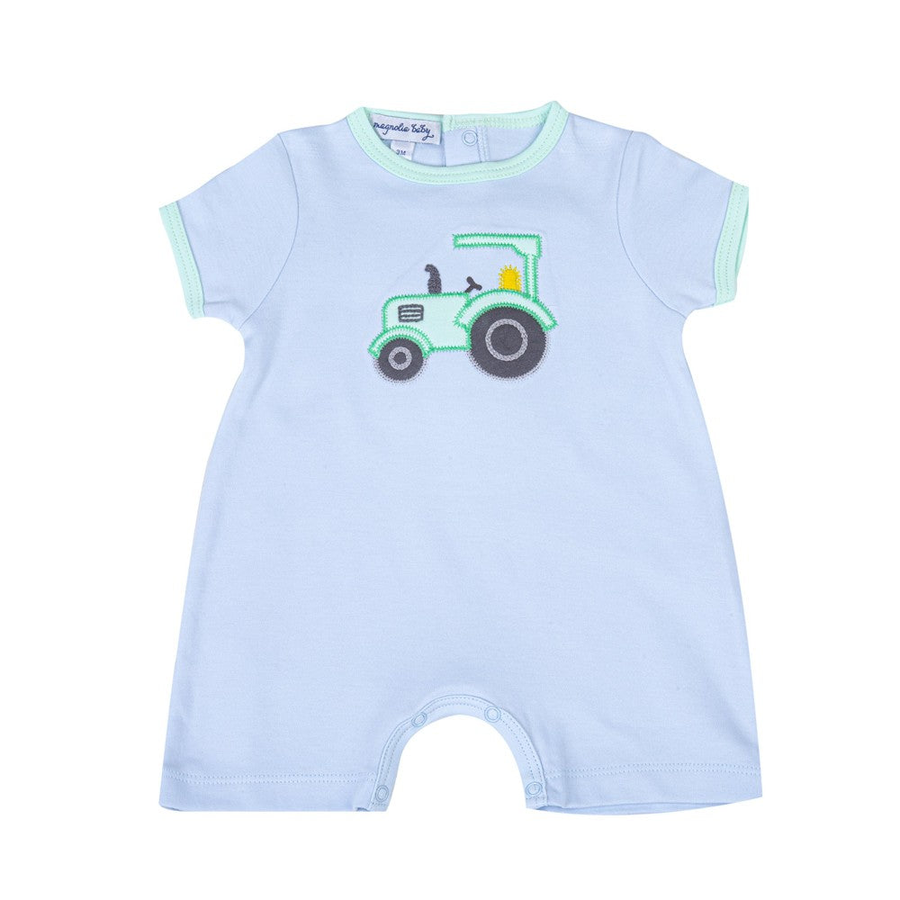 Magnolia Baby Boys Blue Tractor Time Applique Playsuit