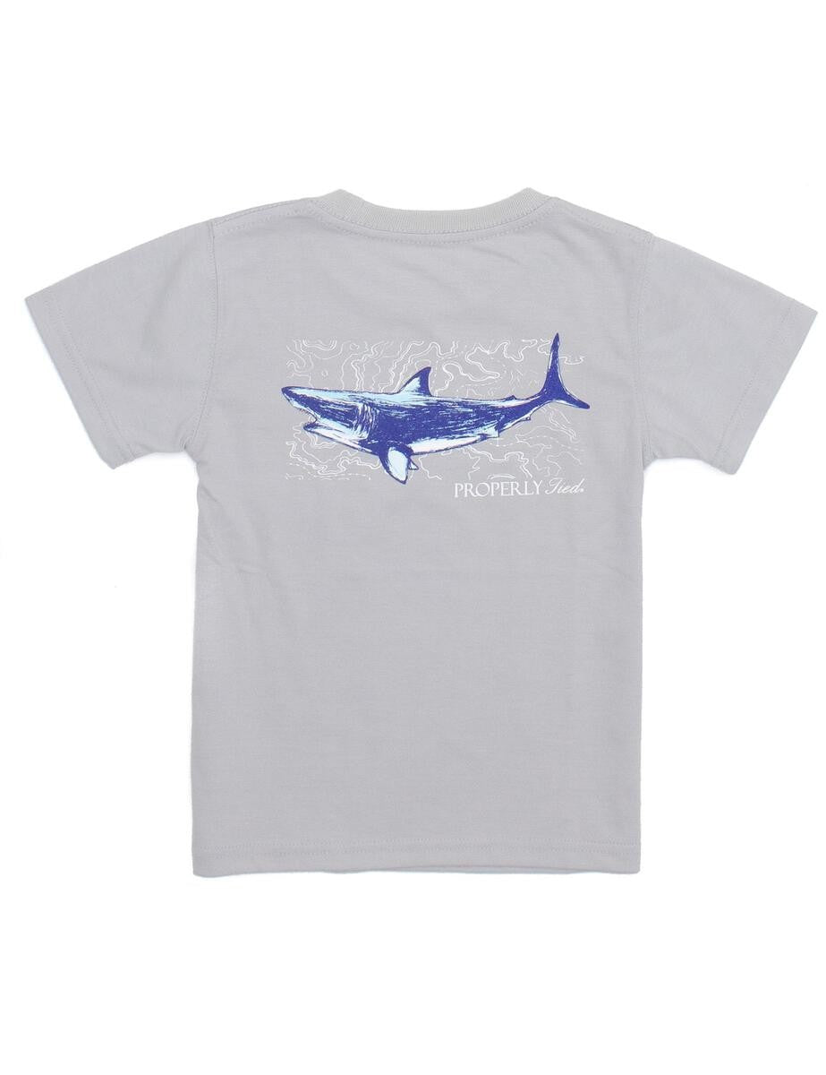 Properly Tied T-Shirt - Logo Pocket on Front - Back Graphic - Ice Grey Topo Shark by Properly Tied