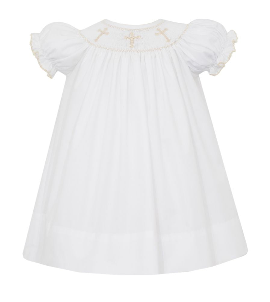 Petit Bebe Girls White Poplin Smocked Crosses Bishop Dress