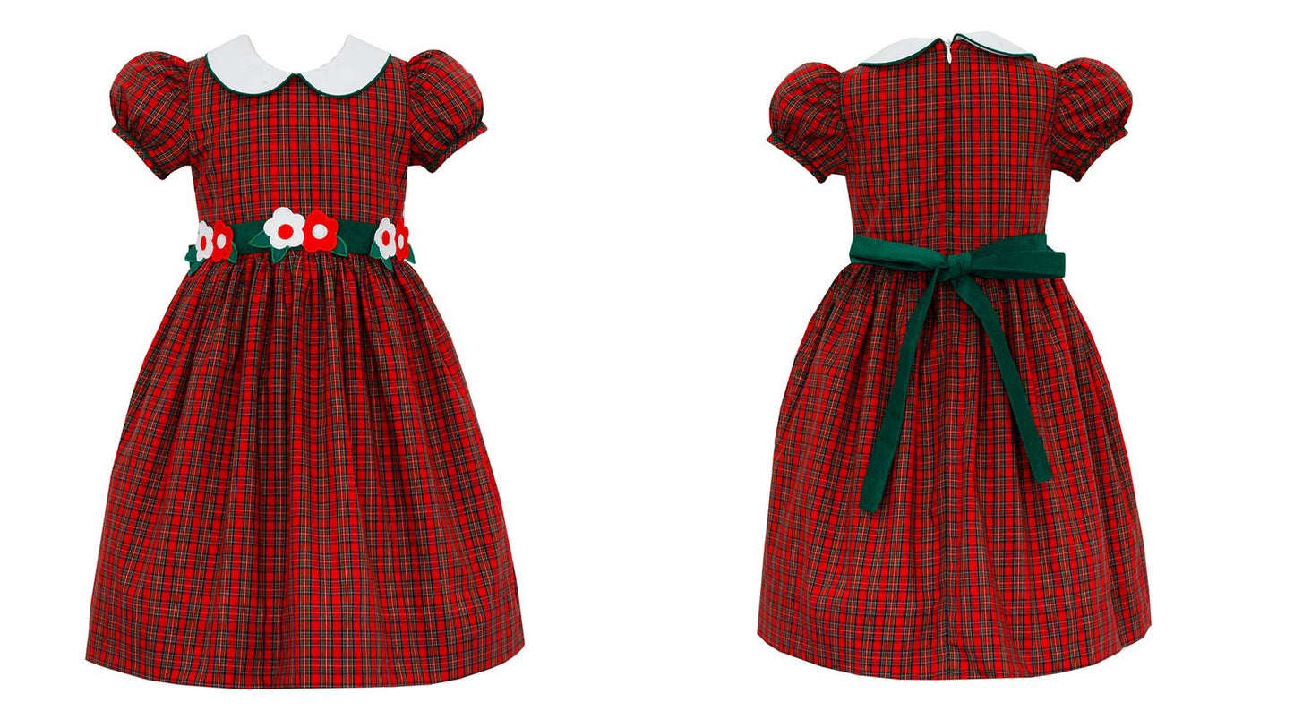 Claire & Charlie Girls Red Holiday Plaid Christmas Dress - Flower Sash