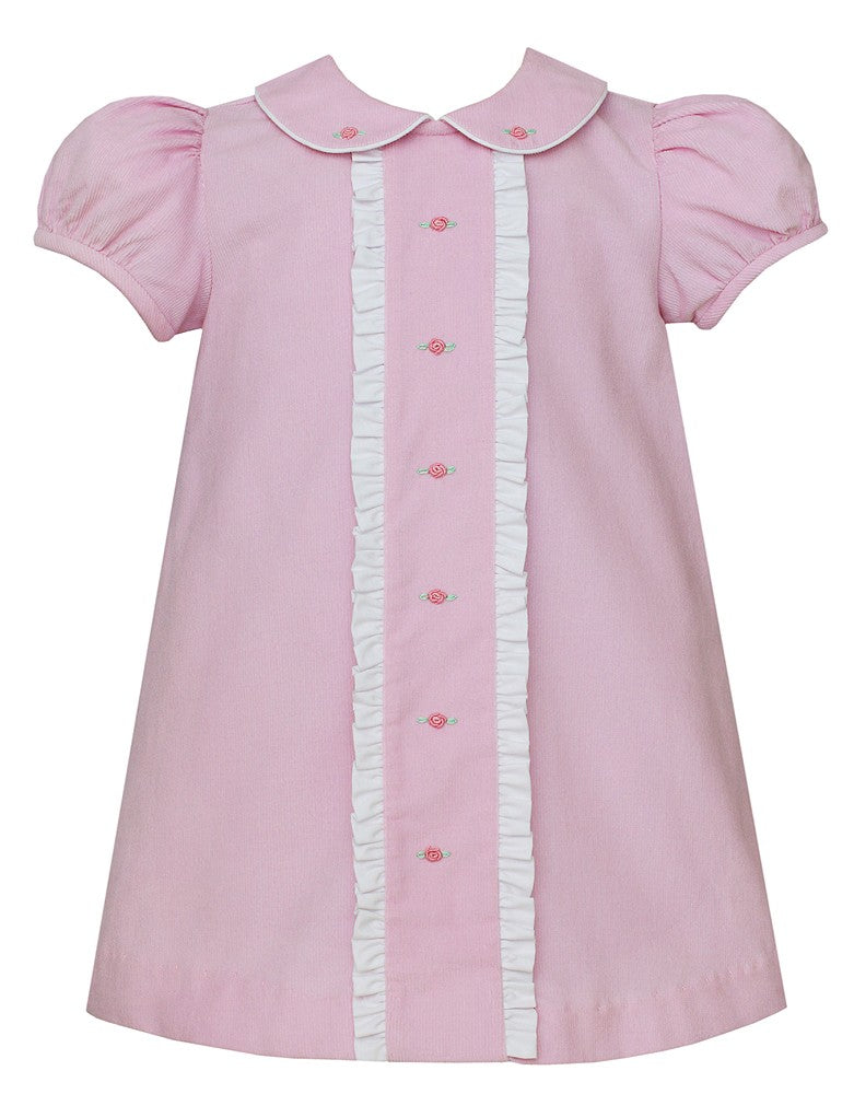 Petit Bebe Baby / Toddler Girls Pink Corduroy Dress - Embroidered Rosettes