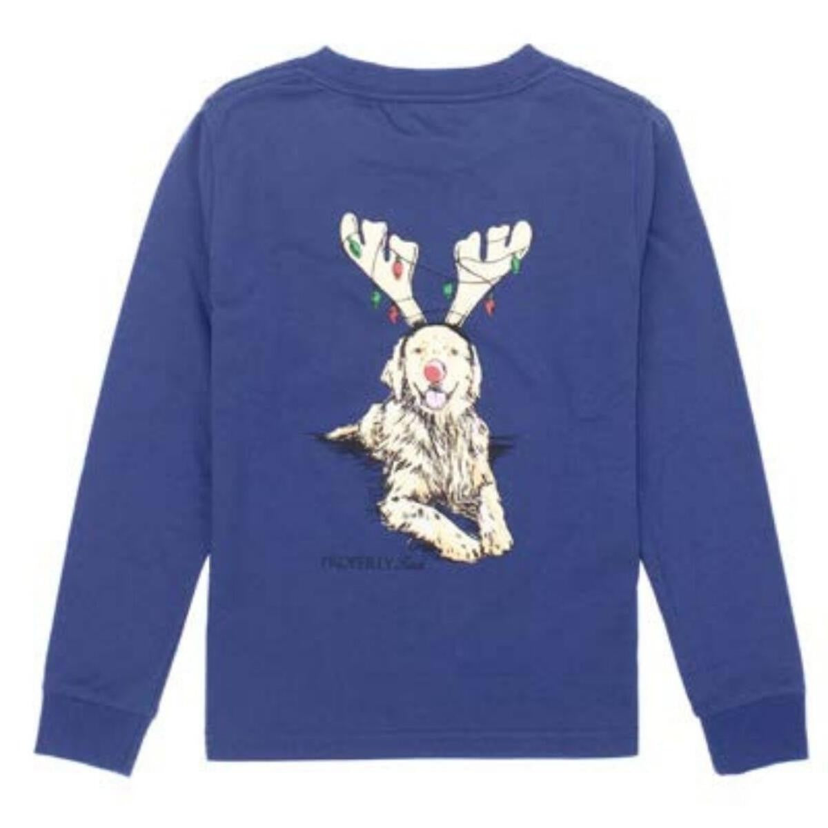 Properly Tied Tee Shirt - Logo Pocket - Long Sleeves - Back Graphic - Holiday Lights Golden Retriever Dog on River Blue