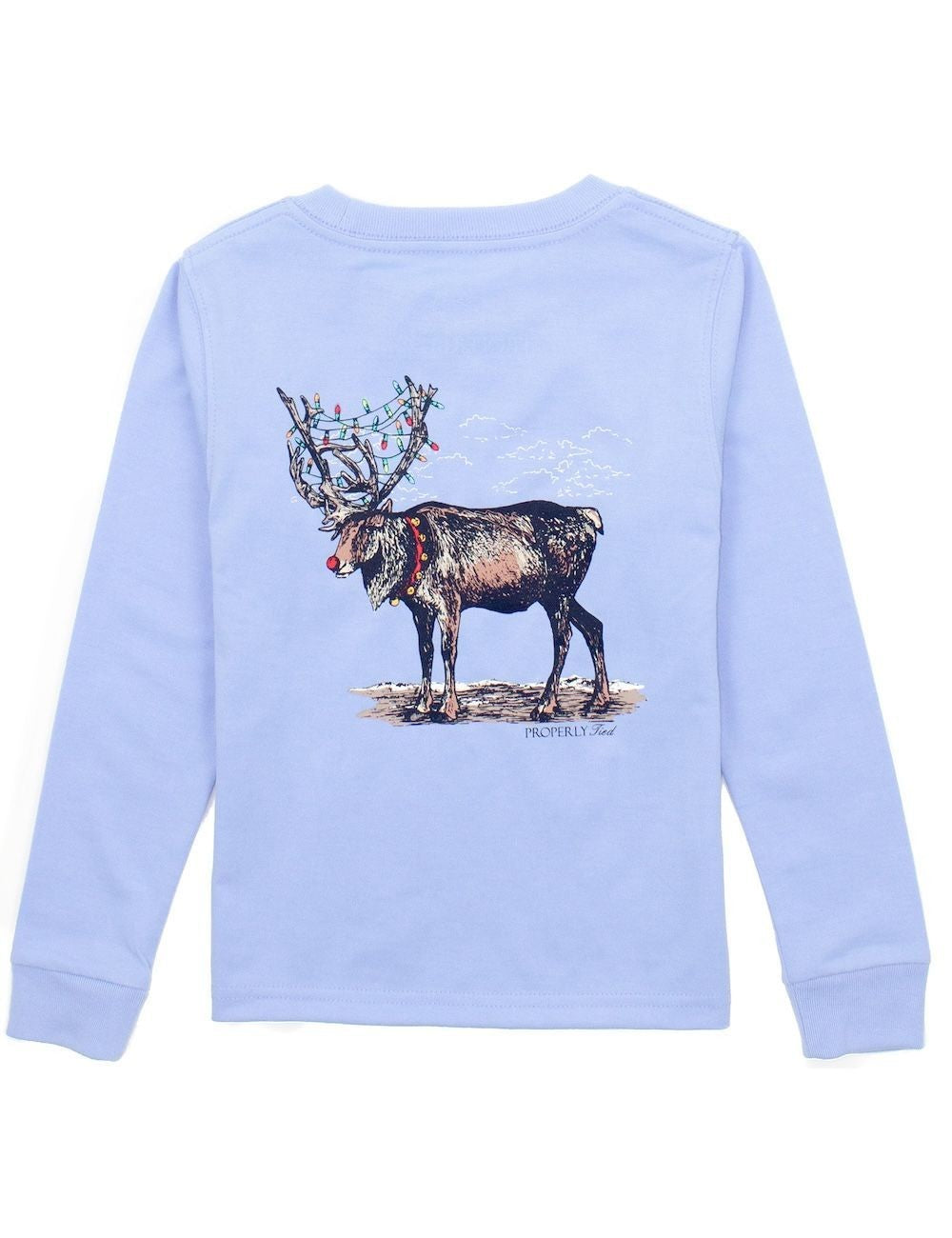 Properly Tied Boys Shirt - Logo Pocket on Front - Back Graphic - Reindeer on Light Blue