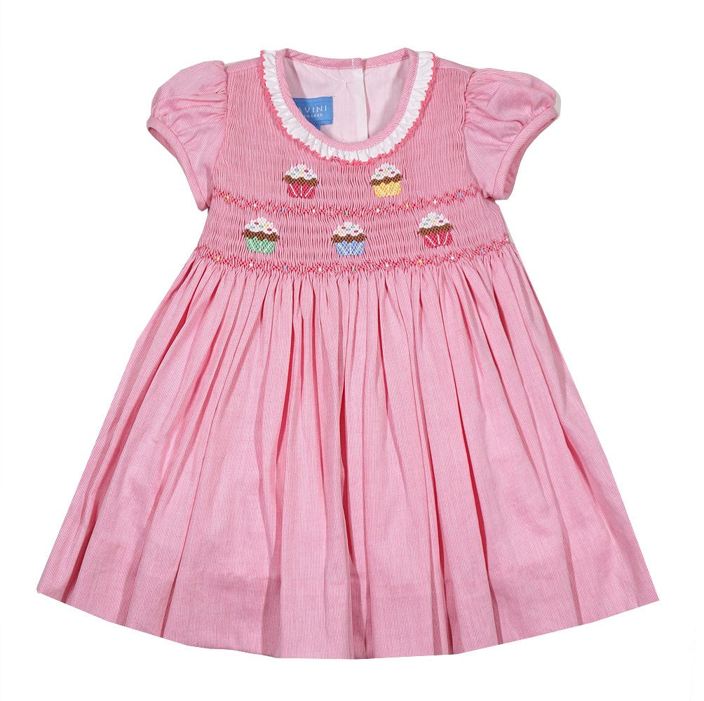 Anavini Baby / Toddler Girls Pink Smocked Bodice Birthday Cupcakes Dress - Ruffle Collar