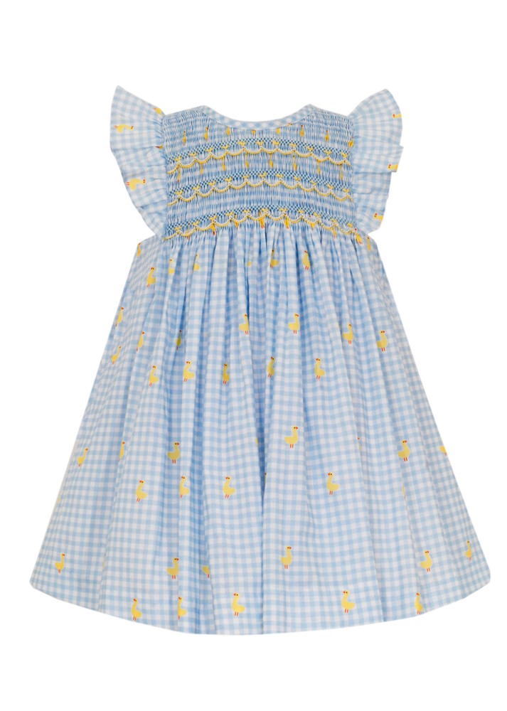 Anavini Girls Blue Check Easter Ducks Print Smocked Ruffle Sleeve Dress
