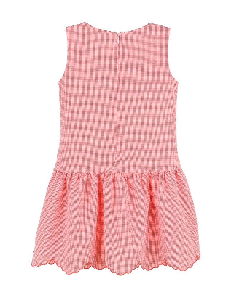Luli & Me Girls Coral Check Scallop Dress - Embroidered Lemons by Luli & Me