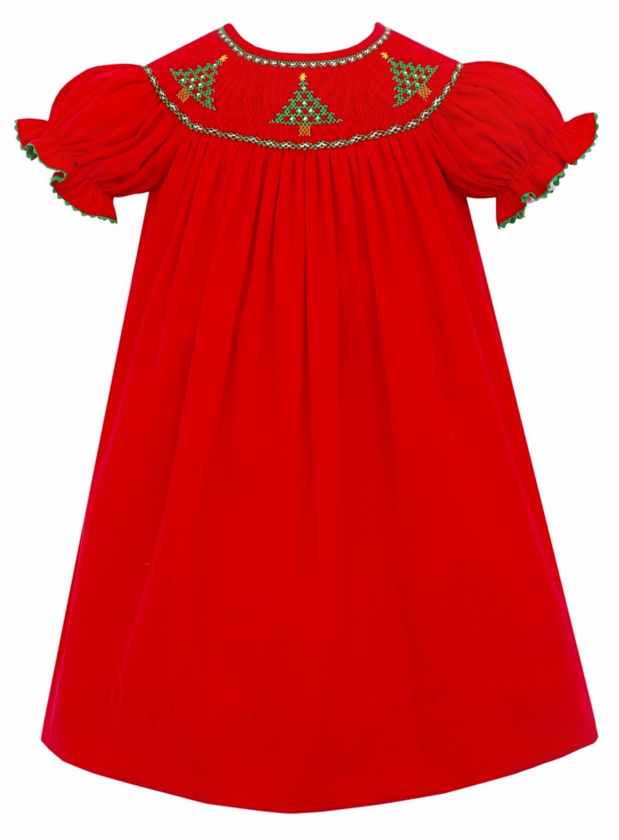 Anavini Velani Baby / Toddler Girls Red Corduroy Bishop Dress - Smocked Christmas Trees by Anavini