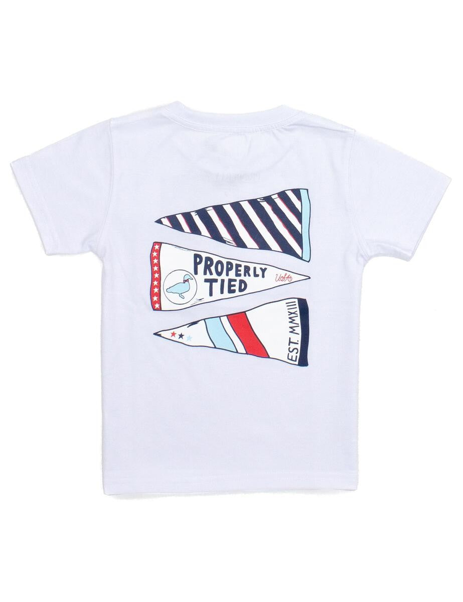 Properly Tied T-Shirt - Logo Pocket on Front - Back Graphic - Americana Pennants on White by Properly Tied