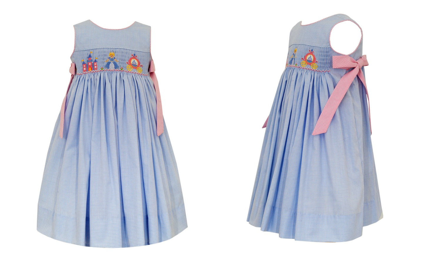 Anavini Girls Blue Gingham Smocked Princess Cinderella Dress - Pink Side Bows