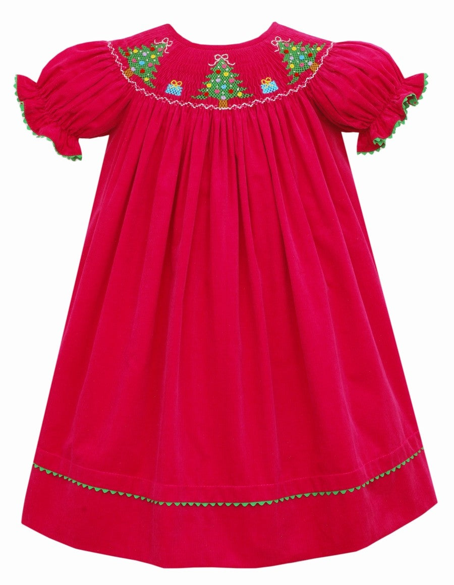 Anavini Baby / Toddler Girls Hot Pink Corduroy Smocked Christmas Trees Bishop Dress