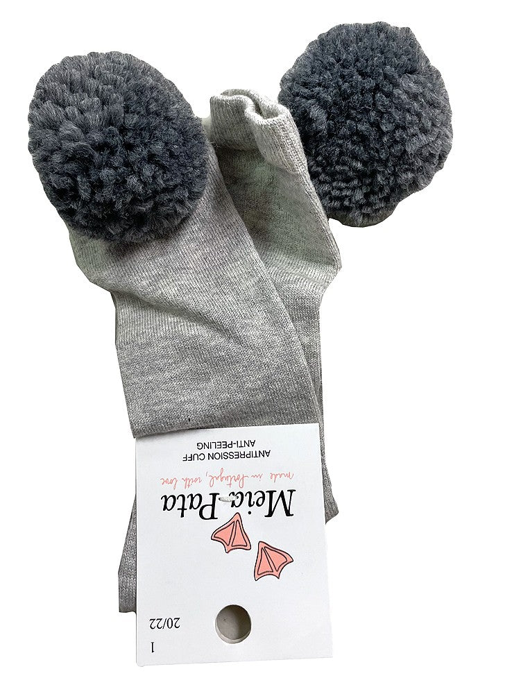 Meia Pata Girls Knee High Socks - Fluffy Pom Poms - New Grey