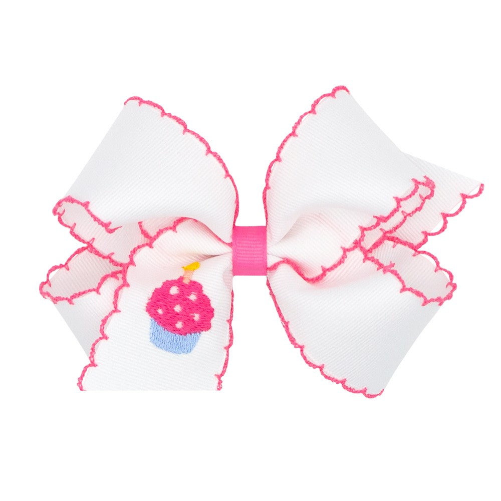 Wee Ones Girls Hair Bow on Clip - Pink Moonstitch on White Bow - Birthday Cupcake