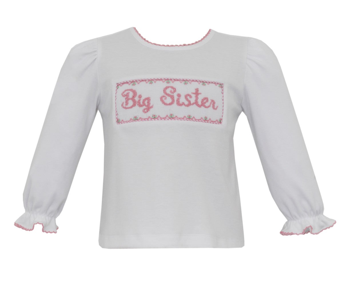 Anavini Velani Toddler Girls White Top - Pink Smocked Big Sister by Anavini