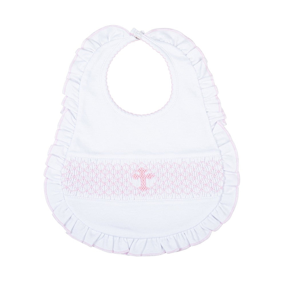 Magnolia Baby Girls Blessed Pink Smocked Cross Ruffle Bib