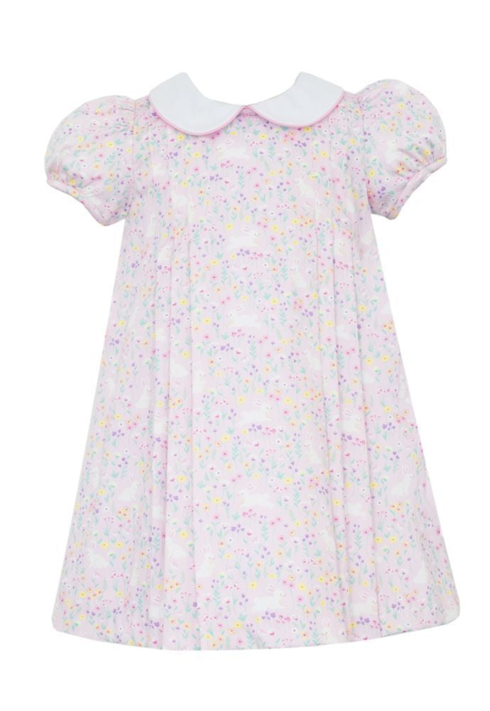 Claire & Charlie Girls Pink Easter Bunny Print Float Dress with Collar