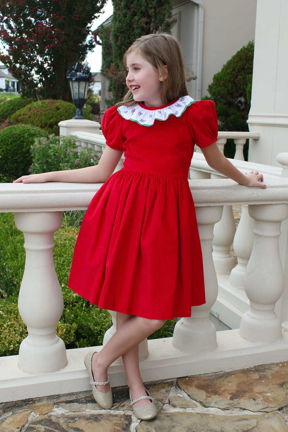 Susanne Lively Girls Red Corduroy Christmas Dress - Embroidered Candy Cane Ruffle Collar