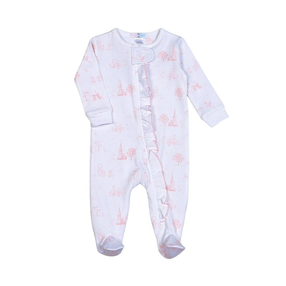 Baby Loren Girls Pink Toile Ruffle Zipper Footie