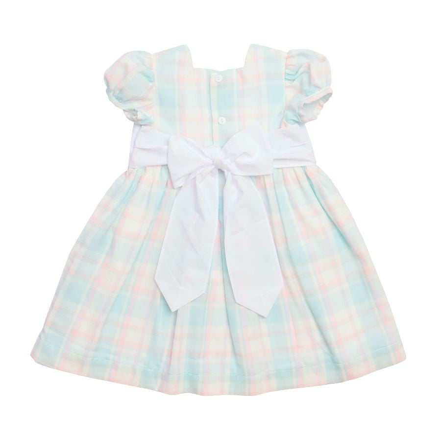 Sal & Pimenta Girls Dress - Pink & Blue Breeze Plaid - Embroidered Hearts & Sash