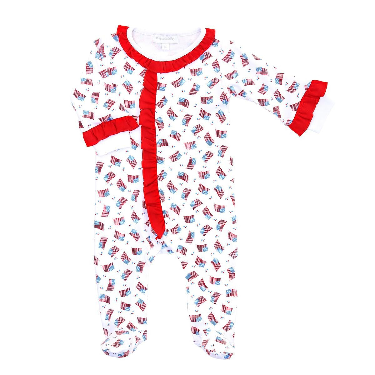 Magnolia Baby Girls Vintage Red, White and Blue Printed Flags Ruffle Footie