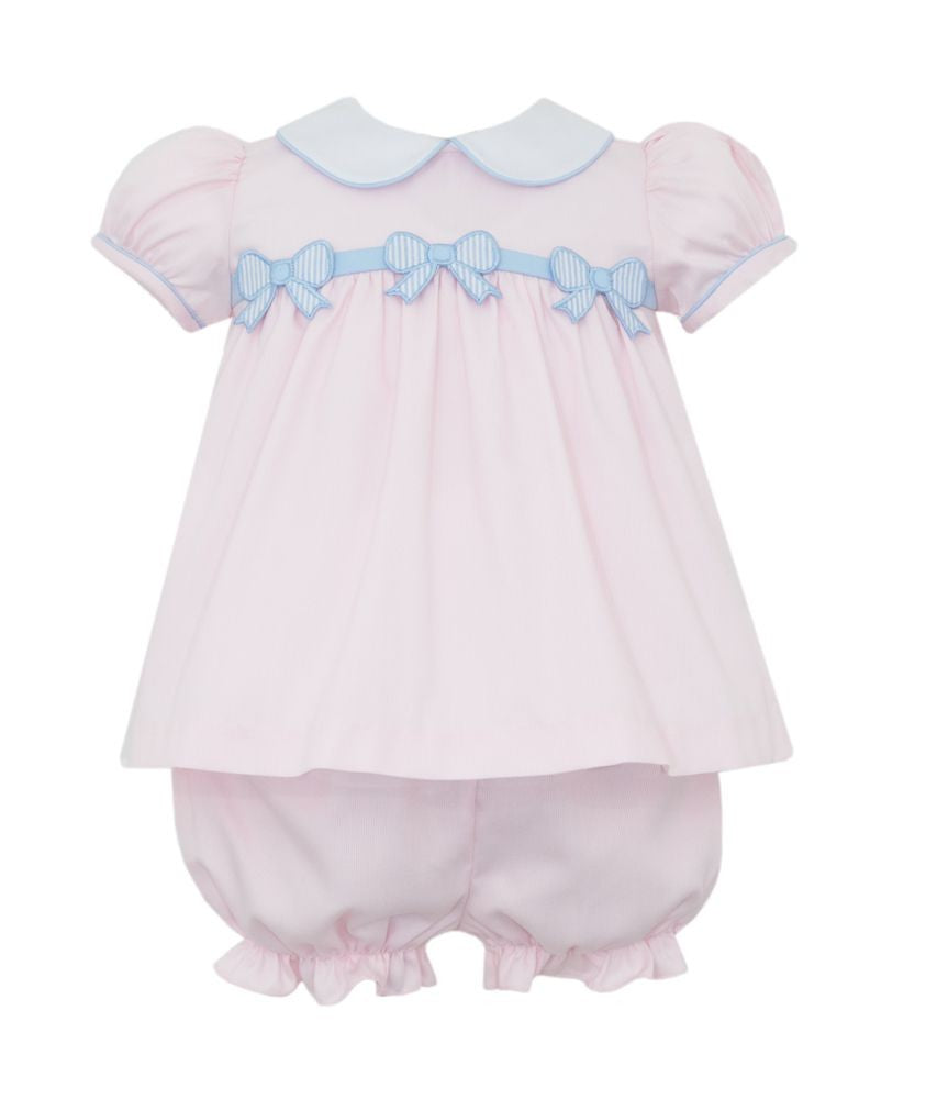 Claire & Charlie Girls Pink Pique Bloomers Set - Blue Bows by Claire & Charlie