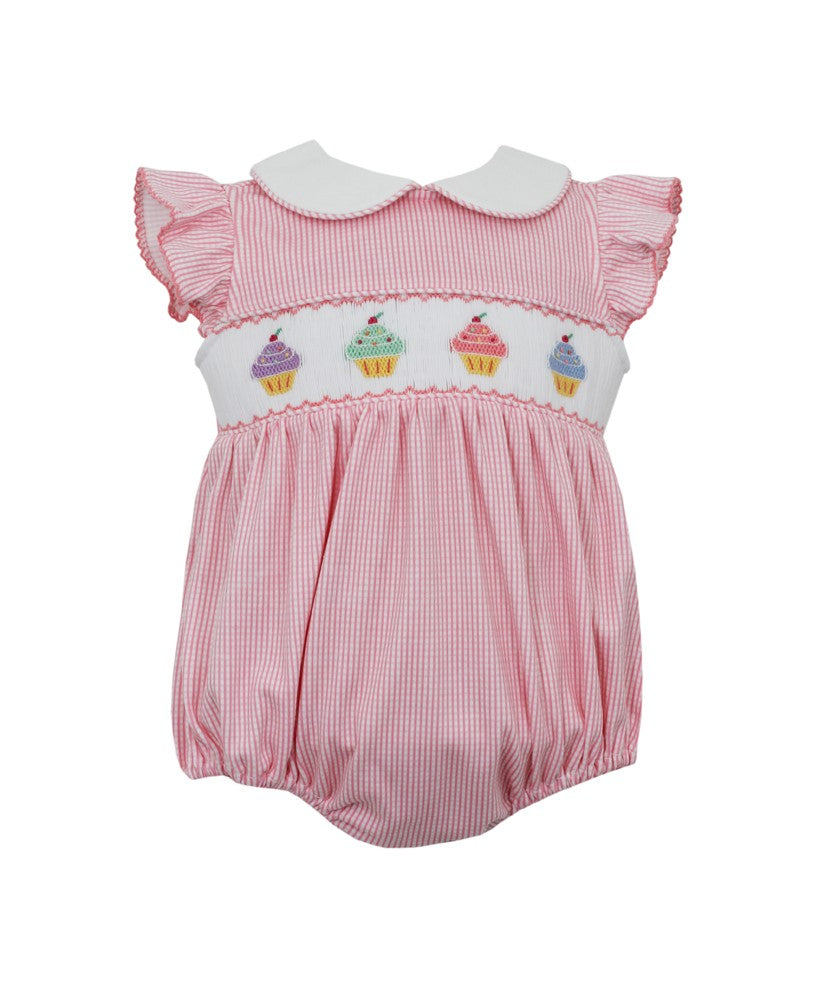Petit Bebe Knits Baby Girls Check Bubble - Smocked Birthday Cupcakes - Pink