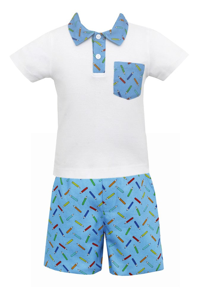 Claire & Charlie Toddler Boys Blue Pencils Print Shorts with Polo Shirt