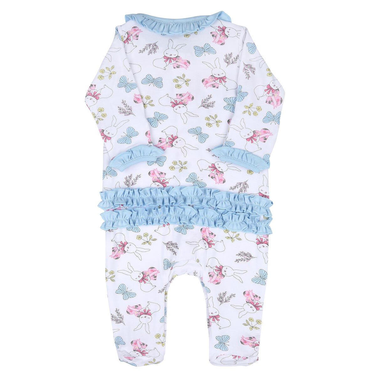 Magnolia Baby Girls Blue Bunny Love Printed Ruffle Footie