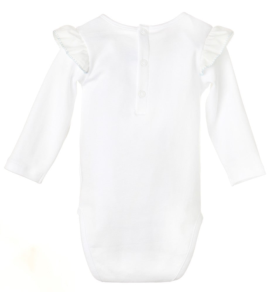 Luli & Me Baby Girls White Flutter Sleeve Onesie - Blue Embroidery