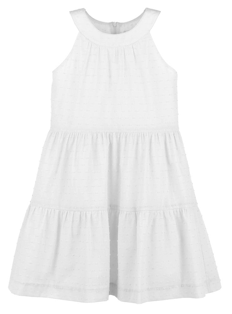Luli & Me Girls Dotted Swiss Tiered Dress - Hepburn Neckline - White