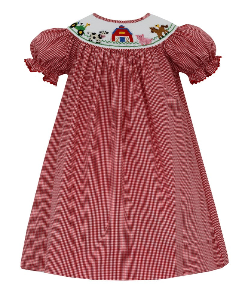 Anavini Girls Red Gingham Smocked Farm Scene Bishop Dress
