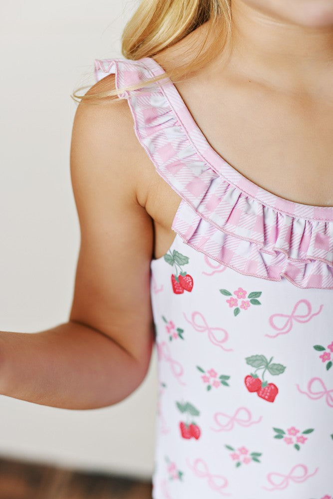 Swoon Baby Girls Pink Strawberry & Bows One Piece Swimsuit