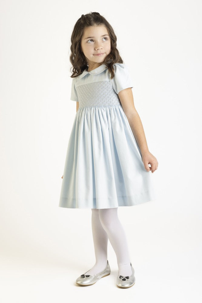 Luli & Me Girls Classic Blue Dress - Fully Smocked Bodice - Peter Pan Collar
